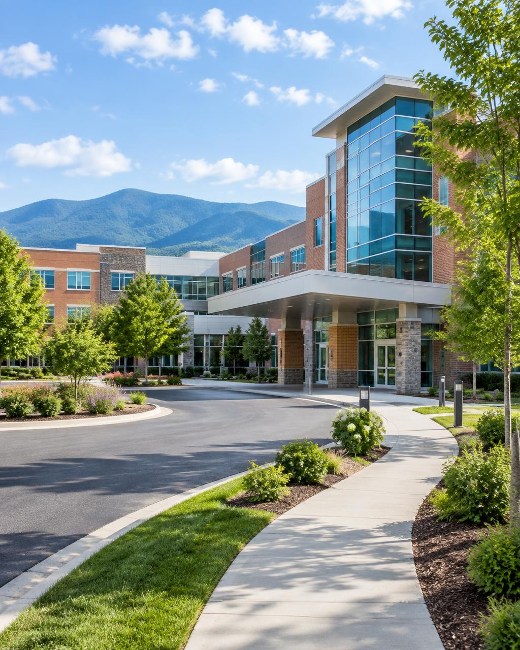 Modern regional medical campus in Roanoke with the Blue Ridge Mountains in the distance